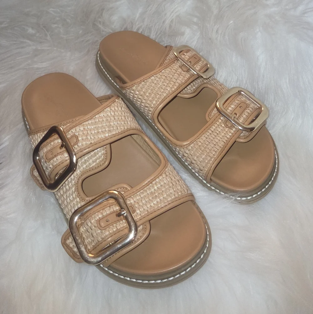 Universal Thread Boho Woven Raffia Buckle Slides | Natural & Cognac | Size 8.5 - Picture 2 of 8